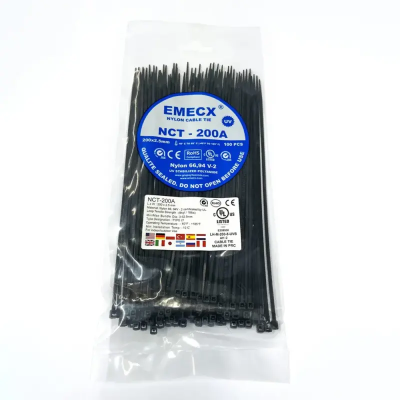 Lot De 100 Attaches Câbles Nylon Auto-verrouillantes - 200mm X 2.5mm, Noir, Résistance 10kg - Neuf